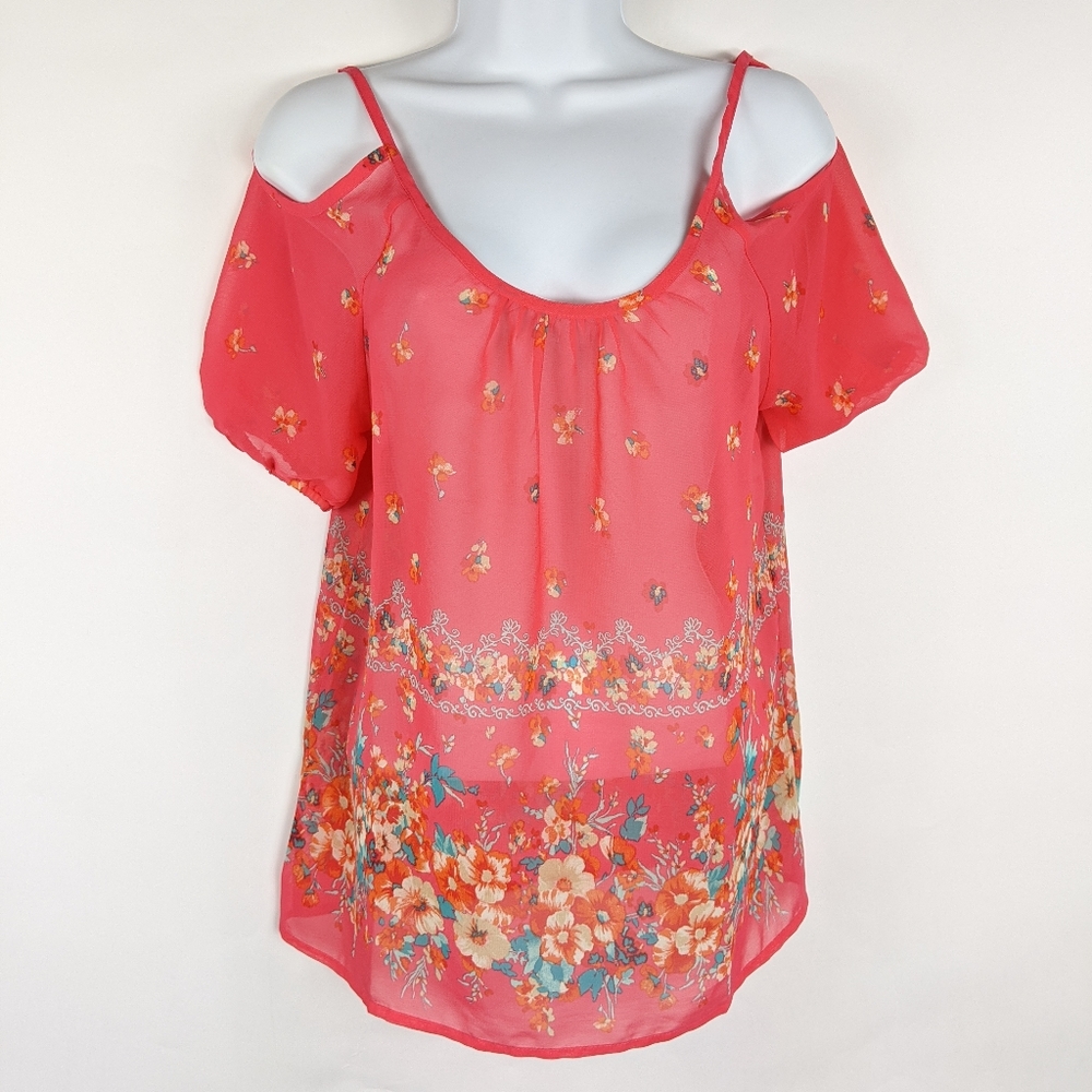 American Dream Red Floral Sheer Cold Shoulder Top